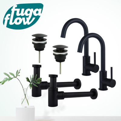 FugaFlow Eccelente Sobrado Badkamer Wastafelkraanset - voor dubbele wastafel - hoge wastafelkraan - draaibare uitloop - klikwaste plug - verlaagde design sifon - Mat zwart