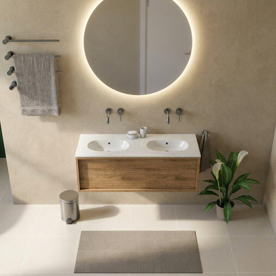 Saniclass Holz Frame Ensemble de meubles de salle de bains - 120x45x54cm - lavabo Chaci en céramique blanc - 2 vasques - sans trous de robinetterie - 1 tiroir - chêne natural mat (bois)