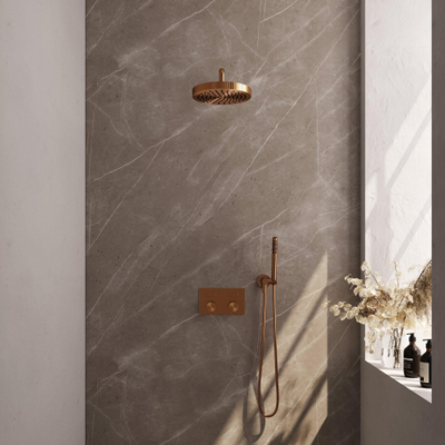 BRAUER Stripe Douche de pluie encastrée thermostatique - boutons-poussoirs - SET 26 - pomme de douche 25 cm - bras mural courbé - douchette à main stick - flexible de douche - coude mural - cuivre brossé PVD