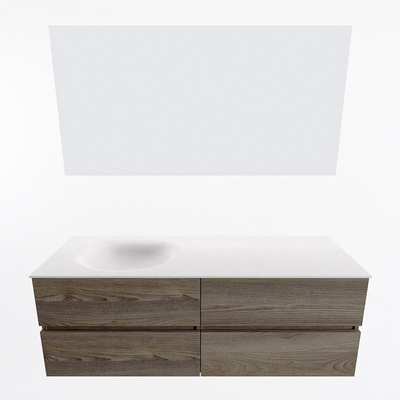 Mondiaz VICA ensemble de meuble de salle de bain - 140cm - meuble sous-vasque marron foncé gris - 4 tiroirs - lavabo lune gauche - sans trous de robinet - couleur talc - miroir LED - version XL 60cm de haut