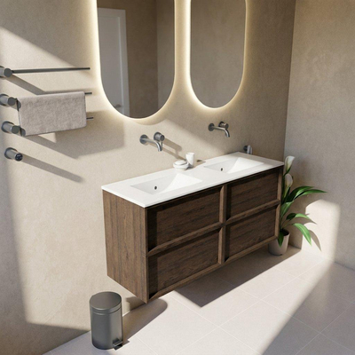 Saniclass Holz Frame Ensemble meuble de salle de bains - 140x45x62cm - lavabo Vygo en céramique blanc - 2 vasques - sans trous de robinetterie - 4 tiroirs - chêne charcoal brillant (bois)