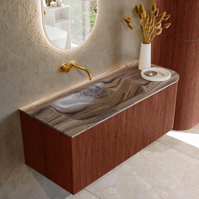 MONDIAZ KURVE-DLUX Meuble de salle de bains 115cm arrondi à droite couleur Ruby avec 1 tiroir et 1 porte. Lavabo BIG SMALL gauche sans trou de robinet Sombra.
