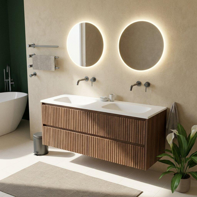 Saniclass Holz Atelier Ensemble meuble de salle de bains - 160x45x61.5cm - Flow lavabo en solid surface blanc - 2 vasques - sans trous de robinetterie - 4 tiroirs - noyer pur mat (bois)