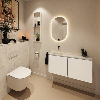MONDIAZ TURE-DLUX Meuble toilette - 100cm - Talc - EDEN - vasque Ostra - position gauche - sans trou de robinet