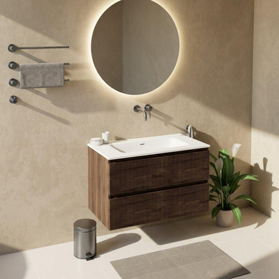 Saniclass Holz Atelier Ensemble meuble de salle de bains - 100x45x77.5cm - lavabo Torino en Solid Surface blanc - sans trou de robinet - 2 tiroirs - chêne charcoal mat (bois)