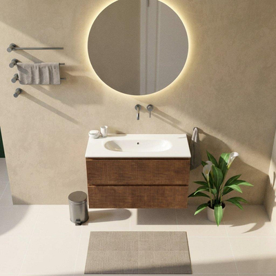 Saniclass Holz Atelier Ensemble de meubles de salle de bains - 100x45x73.9cm - lavabo en céramique Chaci blanc - 1 vasque - sans trou de robinet - 2 tiroirs - noyer pure mat (bois)
