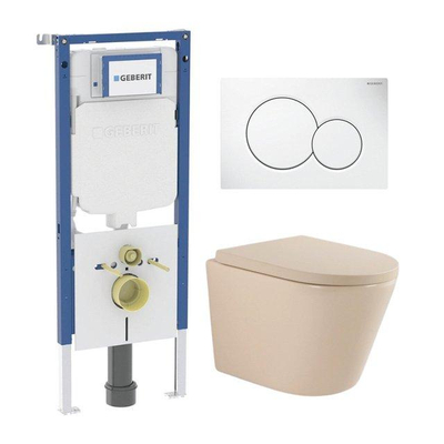 QeramiQ Dely Toiletset - Geberit UP720 inbouwreservoir - witte bedieningsplaat - softclose toilet zitting 35 mm - mat beige