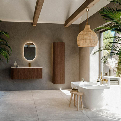 MONDIAZ KURVE-DLUX Meuble de salle de bains 115 cm arrondi à gauche couleur Walnut avec 1 tiroir et 1 porte. Lavabo BIG SMALL à droite 1 trou de robinet Nata.