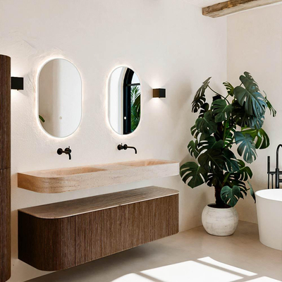 MONDIAZ THOR-DLUX 160cm meuble de salle de bains arrondi gauche + droite couleur Walnut avec 1 tiroir et 2 portes. Vasque suspendue CLOUD Double sans trou de robinet couleur Saba.