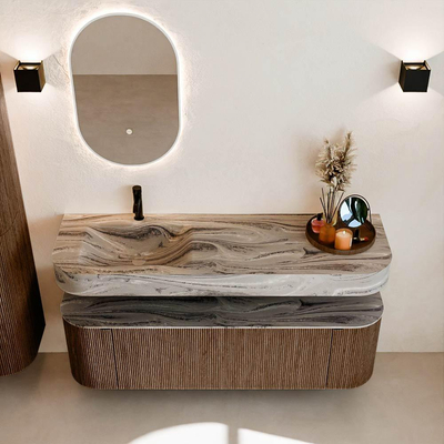 MONDIAZ THOR-DLUX 150cm meuble de salle de bains arrondi gauche + droite couleur Walnut avec 1 tiroir et 2 portes. Vasque suspendue CLOUD Gauche 1 trou de robinet couleur Sombra.