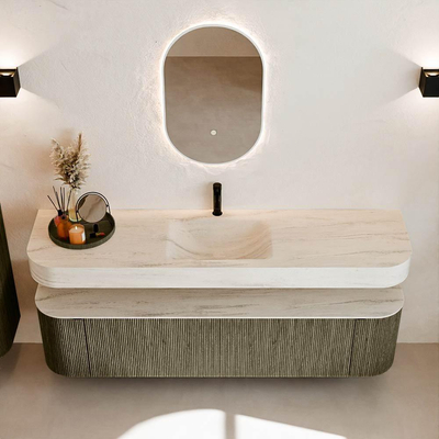 MONDIAZ THOR-DLUX 180cm meuble de salle de bains arrondi gauche + droite couleur Shadow avec 2 tiroirs et 2 portes. Vasque suspendue CLOUD Milieu 1 trou de robinet couleur Meli.