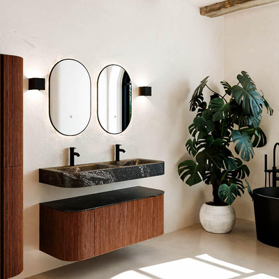 MONDIAZ THOR-DLUX 120cm meuble de salle de bains arrondi gauche + droite couleur Ruby avec 1 tiroir et 2 portes. Vasque suspendue CLOUD Double 2 trous de robinet couleur Lava.