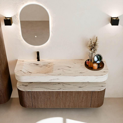 MONDIAZ THOR-DLUX 150cm meuble de salle de bains arrondi gauche + droite couleur Walnut avec 1 tiroir et 2 portes. Vasque suspendue CLOUD Gauche 1 trou de robinet couleur Nata.