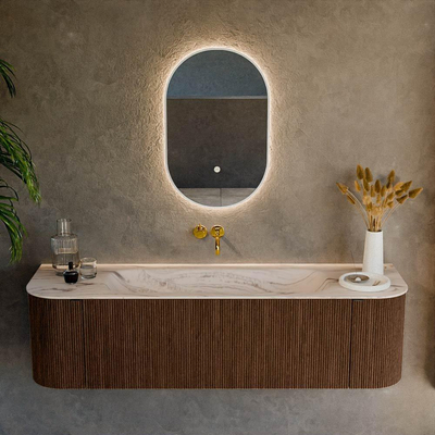 MONDIAZ KURVE-DLUX meuble de salle de bains 160cm arrondi gauche + droite couleur Walnut avec 1 tiroir et 2 portes. Lavabo BIG MEDIUM central sans trou de robinet Nata.