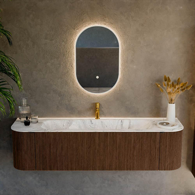 MONDIAZ KURVE-DLUX 170cm badmeubel met module 25 Len R kleur Walnut met 1 lade en 2 deuren. Wastafel BIG LARGE midden 1 kraangat kleur Glace.