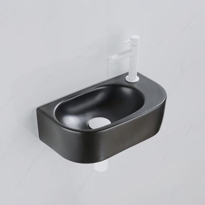 QeramiQ Fuente Ensemble de Lavabo - 40x21.5x12cm - droit - lisse - demi-rond - 1 trou de robinet - céramique - ensemble de robinet blanc mat - bouchon de vidange - siphon réduit - noir mat
