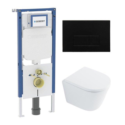 QeramiQ Dely Toiletset - 36.3x51.7cm - diepspoel - rimless - Geberit UP720 inbouwreservoir - softclose toilet zitting - 35mm - metaal mat zwart bedieningsplaat - rechthoekige knoppen - met Burda frame - glans wit (zwart)