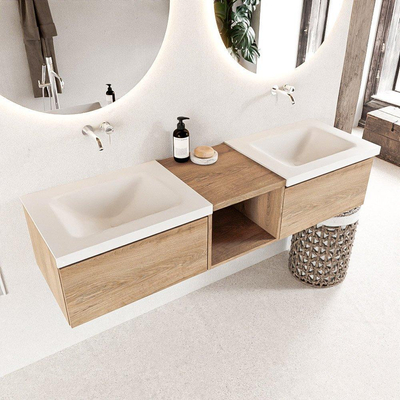 Mondiaz bukla ensemble de meubles de bain 160x45x34cm 0 robinetterie 2 lavabos surface solide talc sans poignée 2 tiroirs avec fermeture douce mélamine chêne lavé