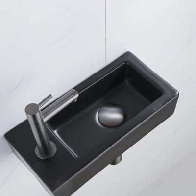 FugaFlow Efficiente Pietra Ensemble de fontaine - 37,5x18,5x9cm - céramique - trou de robinet à gauche - robinet de fontaine gunmetal - bouchon de vidange - siphon abaissé - Noir mat