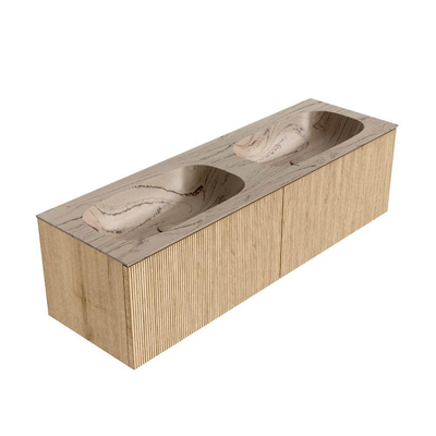 MONDIAZ KURVE-DLUX 150cm badmeubel kleur Oak met 2 lades en 0 deuren. Wastafel STOR SMALL Dubbel 2 kraangaten Arena.