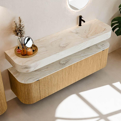 MONDIAZ THOR-DLUX 170cm badmeubel ronding links + rechts kleur Oak met 1 lade en 2 deuren. Vrijhangende wastafel CLOUD Rechts 1 kraangat kleur Ostra.