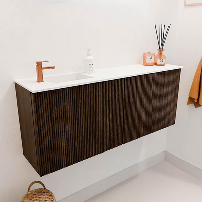 Mondiaz JOYA 100cm toiletmeubel - kleur Walnut - Wastafel FAYE positie Links 1 kraangat kleur Talc.