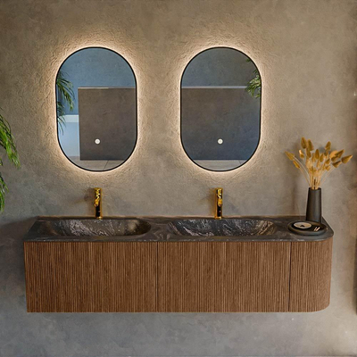 MONDIAZ KURVE-DLUX 165cm Meuble salle de bain avec module 25 D - couleur Walnut - 2 tiroirs - 1 porte - vasque STOR SMALL double / gauche - 2 trous de robinet - couleur Lava