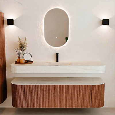 MONDIAZ THOR-DLUX 160cm meuble de salle de bains arrondi gauche + droite couleur Ruby avec 1 tiroir et 2 portes. Vasque suspendue CLOUD Milieu 1 trou de robinet couleur Meli.