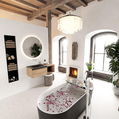 MONDIAZ BUKLA meuble de salle de bain 100cm avec module ouvert 40 couleur Chêne blanchi avec 1 tiroir. Lavabo CLOUD gauche 0 trous de robinet couleur Urbaine.
