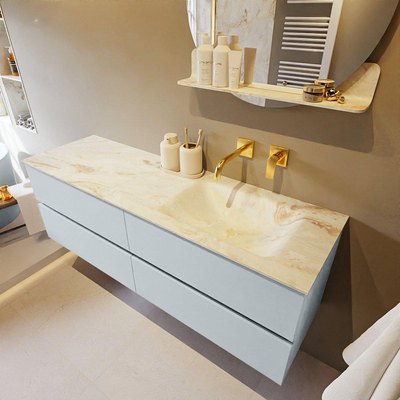 Mondiaz VICA-DLUX ensemble de meuble de salle de bain - 150cm - meuble sous-vasque argile - 4 tiroirs - lavabo encastré nuage droite - sans trous de robinet - version haute de 60cm - frape