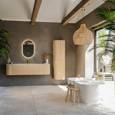 MONDIAZ KURVE 170cm Meuble salle de bain avec module 25 G et D - couleur Oak - 1 tiroir - 2 portes - vasque BIG LARGE centre - 1 trou de robinet - Talc