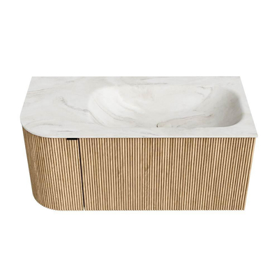 MONDIAZ KURVE-DLUX Meuble de salle de bains 95 cm avec module 25 L couleur chêne avec 1 tiroir et 1 porte. Lavabo BIG SMALL à droite 1 trou de robinet couleur Ostra.