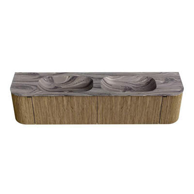 MONDIAZ KURVE-DLUX 190cm meuble de salle de bains arrondi Gauche + Droite couleur Dusk avec 2 tiroirs et 2 portes. Plan-vasque STOR SMALL Double sans trou de robinet Sombra.
