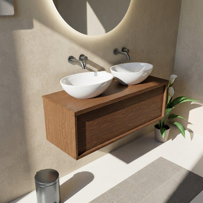 Saniclass Holz Frame Ensemble de meubles de salle de bains - 120x45x42cm - plan de toilette en bois - sans trou de robinet - 1 tiroir - walnut pure mat (bois)