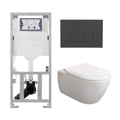 Villeroy & Boch Subway 2.0 DirectFlush CeramicPlus Pack WC - abattant slimseat - réservoir Geberit - plaque de déclenchement avec plaque de déclenchement anthracite mat - boutons rectangulaires - blanc