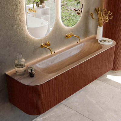 MONDIAZ KURVE-DLUX 170cm badmeubel ronding Links + Rechts kleur Ruby met 1 lade en 2 deuren. Wastafel BIG LARGE Midden zonder kraangat Saba.