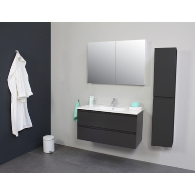 Basic Line Bella Badkamermeubelset - 100x55x46cm - 1 wasbak - Keramiek - Wit - 1 kraangat - Spiegelkast zonder verlichting - Spaanderplaat met Melamine Antraciet mat