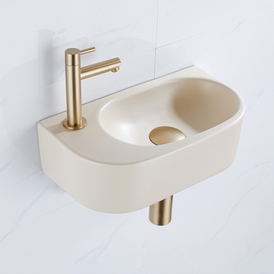 QeramiQ Fuente pack lave-mains – 40 x 21,5 x 12 cm – céramique beige – perçage à gauche – robinet doré brossé