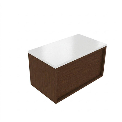 Saniclass Holz Frame Ensemble meuble de salle de bains - 80x45x42.5cm - Plan de travail Torino en solid surface blanc - sans trou de robinet - 1 tiroir - walnut pure mat (bois)