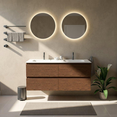 Saniclass Holz Pure Ensemble meuble de salle de bains - 140x45x61.5cm - Flow lavabo en solid surface blanc - 2 vasques - 2 trous de robinet - 4 tiroirs - noyer pure mat (bois)