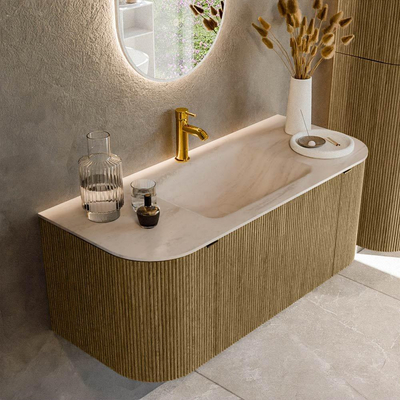 MONDIAZ KURVE-DLUX Meuble de salle de bains 110cm arrondi gauche + droite couleur Dusk avec 1 tiroir et 2 portes. Lavabo CLOUD au milieu 1 trou de robinet Meli.