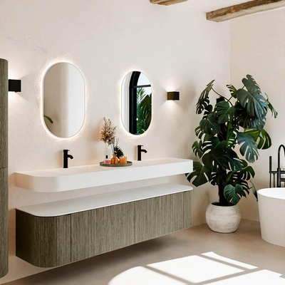 MONDIAZ THOR Meuble de salle de bains 190cm arrondi gauche + droite couleur Shadow avec 2 tiroirs et 2 portes. Vasque suspendue CLOUD Double 2 trous de robinet couleur Talc.