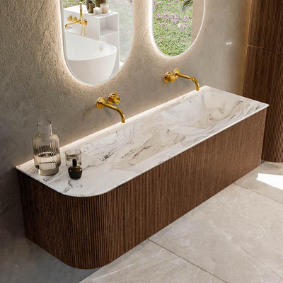 MONDIAZ KURVE-DLUX 145cm badmeubel met module 25 L kleur Walnut met 1 lade en 1 deur. Wastafel LEAF dubbel / rechts zonder kraangat kleur Glace.