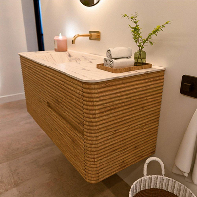 Mondiaz CIRO-DLUX Badkamermeubelset - 110x45x50cm - Solid surface wastafel Nata - 1 wasbak Links - zonder kraangaten - 2 lades - Oak