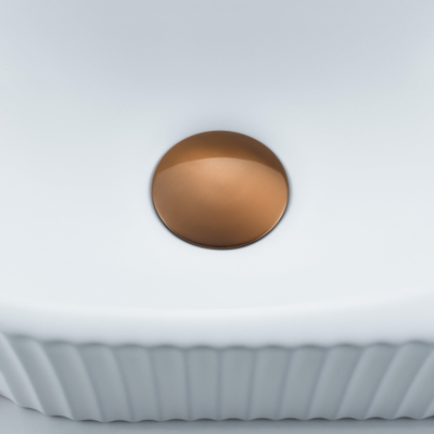 QeramiQ Fuente Ensemble de Lavabo - 40x21.5x12cm - droit - strié - demi-rond - 1 trou de robinet - céramique - ensemble de robinet en cuivre brossé - bouchon de vidange - siphon réduit - blanc mat