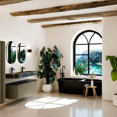 MONDIAZ THOR-DLUX 130cm meuble de salle de bains arrondi gauche + droite couleur Shadow avec 1 tiroir et 2 portes. Vasque suspendue CLOUD Double 2 trous de robinet couleur Lava.