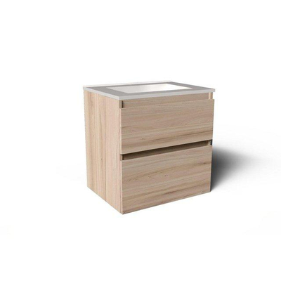 Saniclass Prime Vita Meuble de salle de bain - 60x46x60cm - lavabo en céramique brillant blanc - 1 vasque - sans trou de robinet - 2 tiroirs - chêne clair