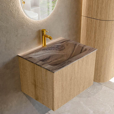 MONDIAZ KURVE-DLUX 60cm badmeubel kleur Oak met 1 lade en 0 deuren. Wastafel CLOUD Midden 1 kraangat Sombra.