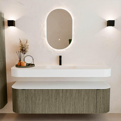 MONDIAZ THOR Meuble de salle de bains 160cm arrondi gauche + droite couleur Shadow avec 1 tiroir et 2 portes. Vasque suspendue CLOUD Milieu 1 trou de robinet couleur Talc.