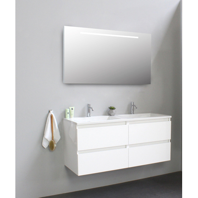Basic Bella Badkamermeubelset - 120x55x46cm - 2 wasbakken - Acryl - Wit - 2 kraangaten - Wandspiegel met verlichting - Melamine Wit hoogglans